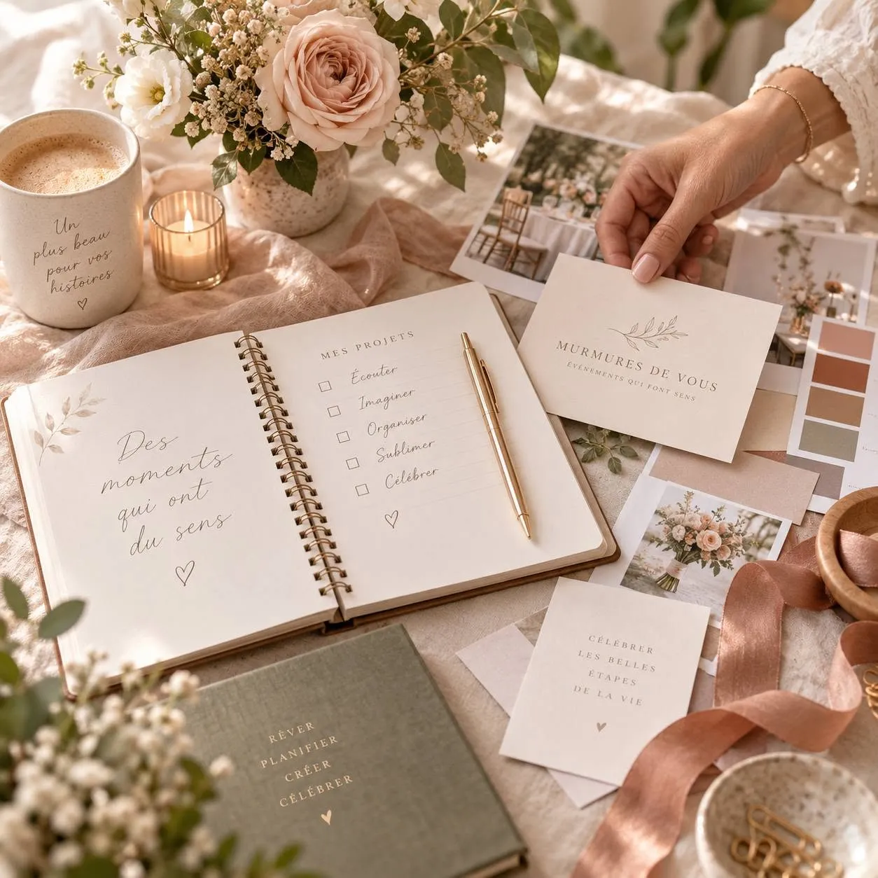 Carnet de projets Murmures de vous ouvert, nuancier de couleurs et fleurs séchées, sur lequel Joëlle note ce qu'elle entend