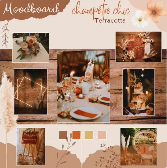 Planche d'ambiance champêtre chic terracotta composée par Joëlle : table aux bougies et serviettes terracotta, bouquet de roses pêche, papeterie à la cire, gâteau fleuri, panneau de bienvenue sur chevalet, fauteuil en osier et pampa, palette brun, terracotta, ocre et rose poudré