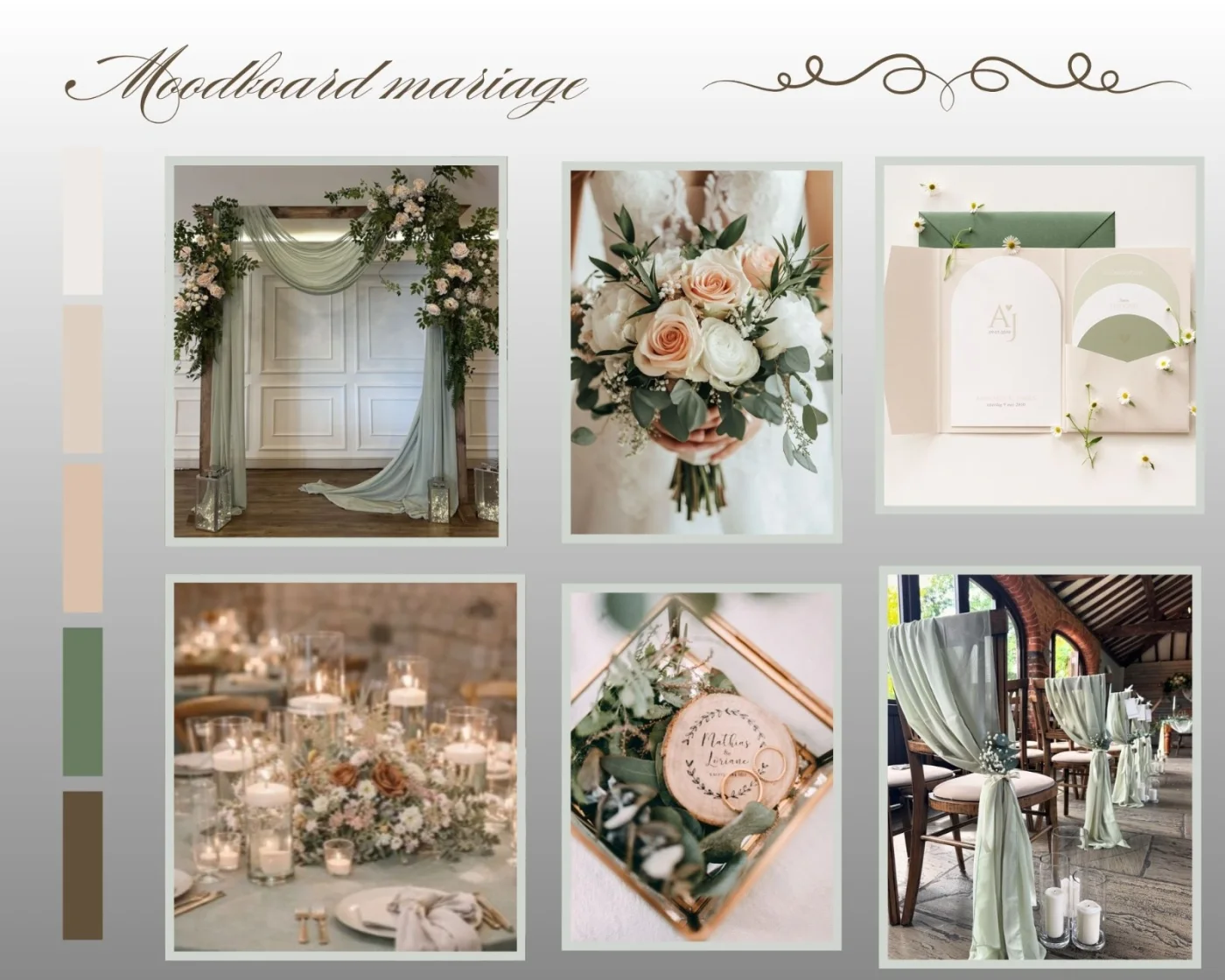 Planche d'ambiance de mariage composée par Joëlle : arche en bois drapée de voilage sauge et de roses, bouquet de roses pêche et blanches, faire-part en arche avec enveloppe sauge, table aux bougies flottantes et fleurs des champs, porte-alliances en rondin gravé, allée de chaises drapées de voilage, palette crème, lin, pêche, sauge et brun
